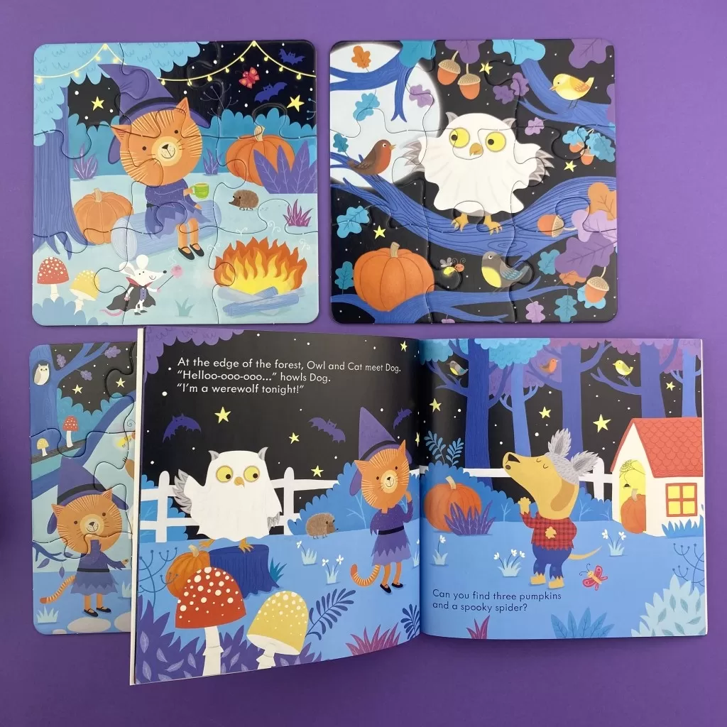 An image of the jigsaws that come with the book, as well as an interior spread of the book itself. Characters featured are: an orange cat in front of a fire, a tiny mouse dressed as a wizard, an owl dressed up as a ghost and a dog dressed up as a wolf!